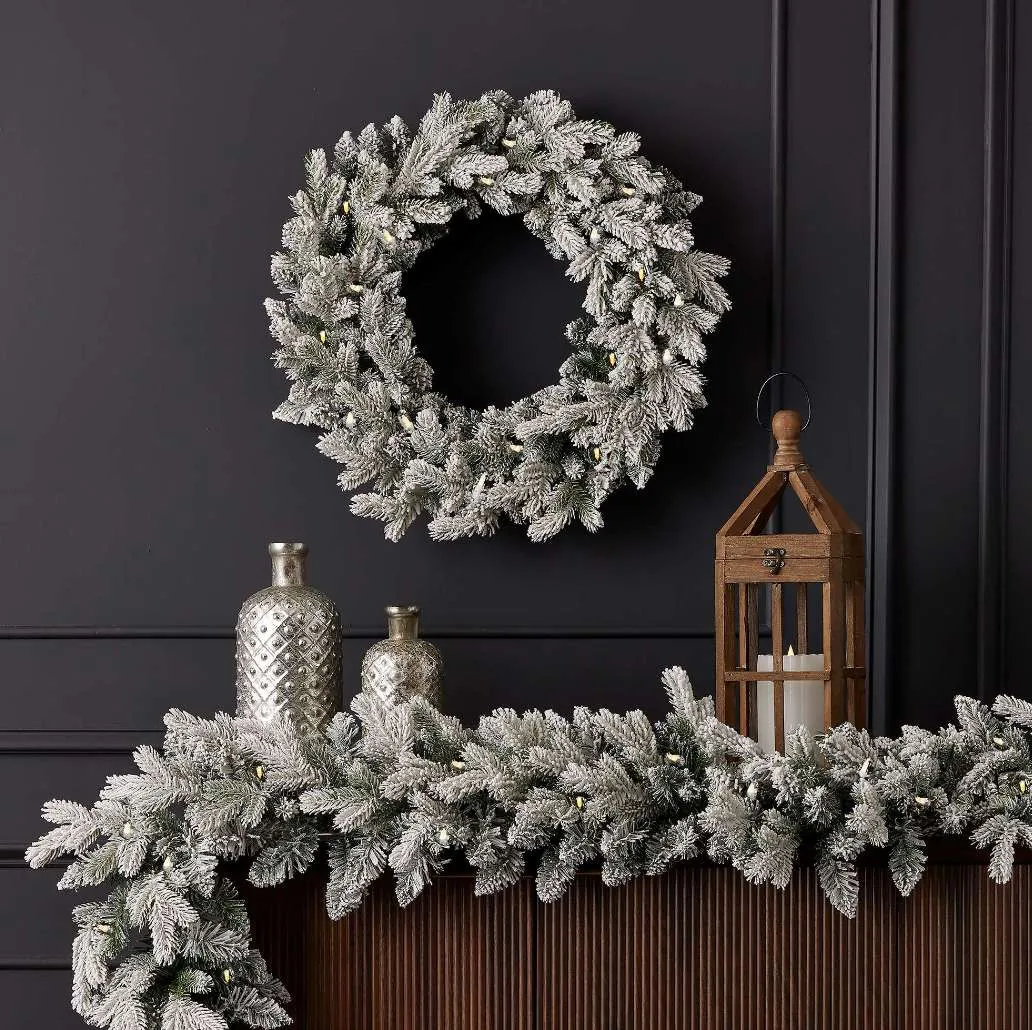 9' Shadow Woods Spruce Flocked Plug-In Garland with LED Lights -  Decorator's Warehouse
