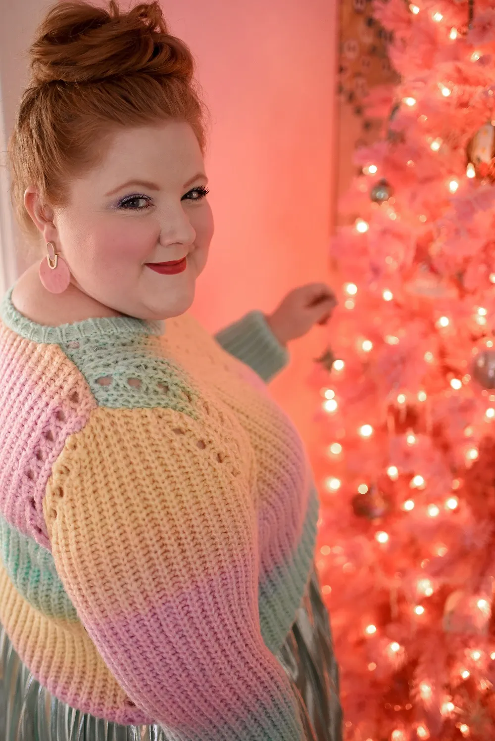 A Pastel Rainbow Outfit for Christmastime featuring the Jovie Tie-Dye  Sweater from Anthropologie and a plus size Pleated Metallic Skirt from Ulla  Popken.