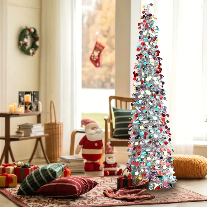 A Silver Tinsel Christmas Tree * with Colorful Sequins And a * Cone *. It *  a * Element to for Party Areas, Shop Displays, Or Festive Home  Arrangements. Easy to Put * Reusable, And Contributes to a 