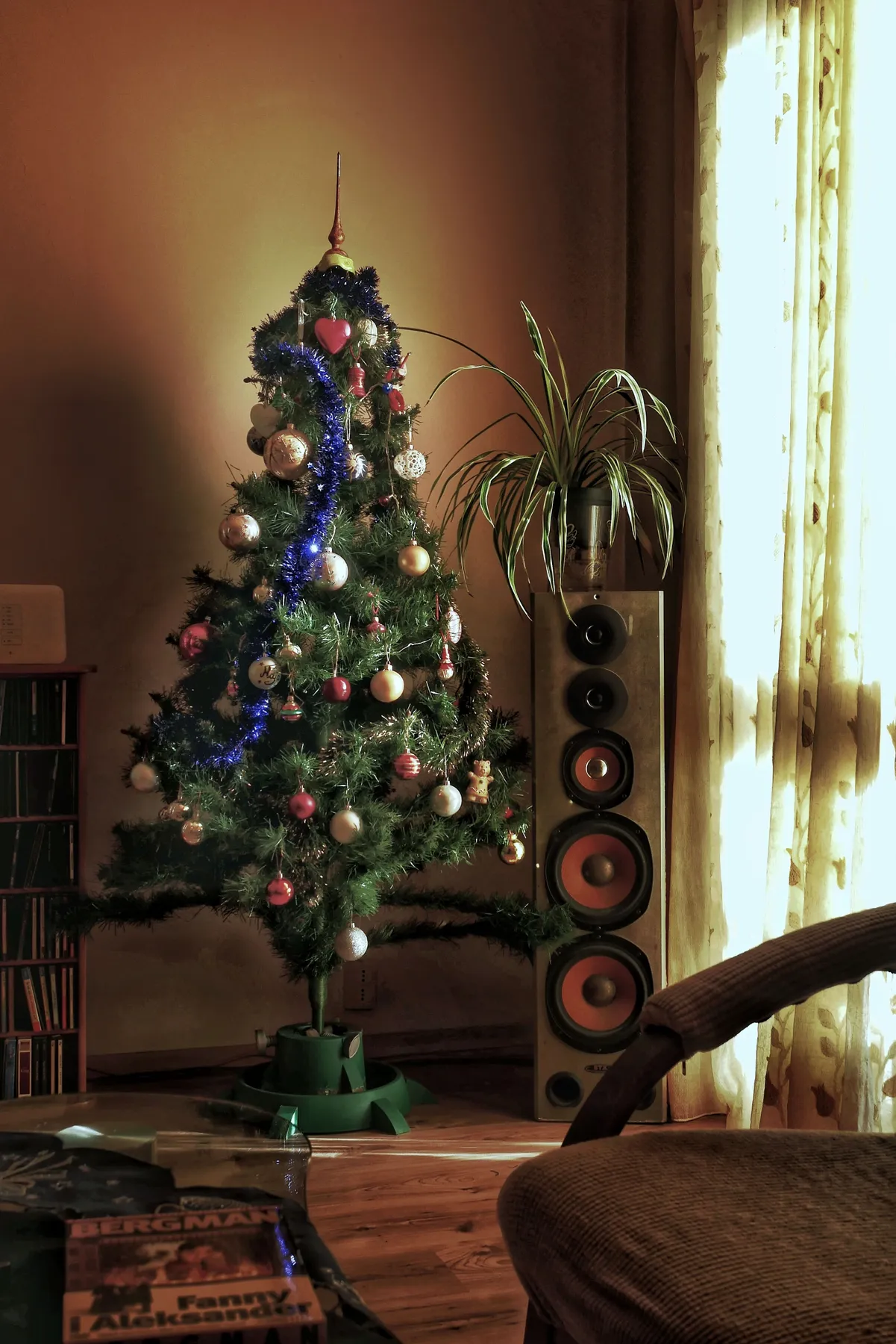 A warmly decorated living room featuring a Christmas tree and festive ornaments.