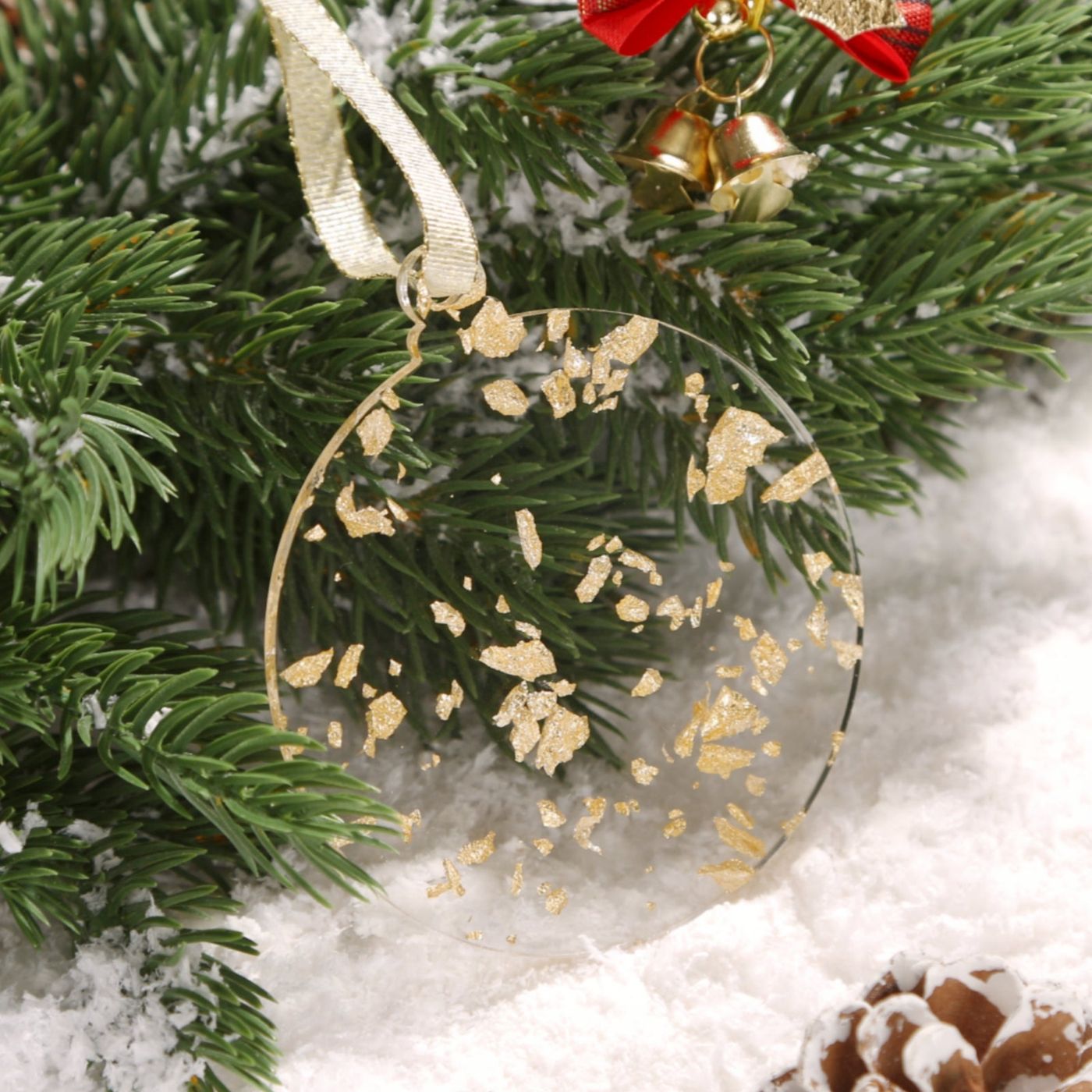Acrylic Ornaments Set of 12, Gold Leaf Flakes Christmas Ornaments, Xmas Tree Decor, 3', 3mm Thick Round
