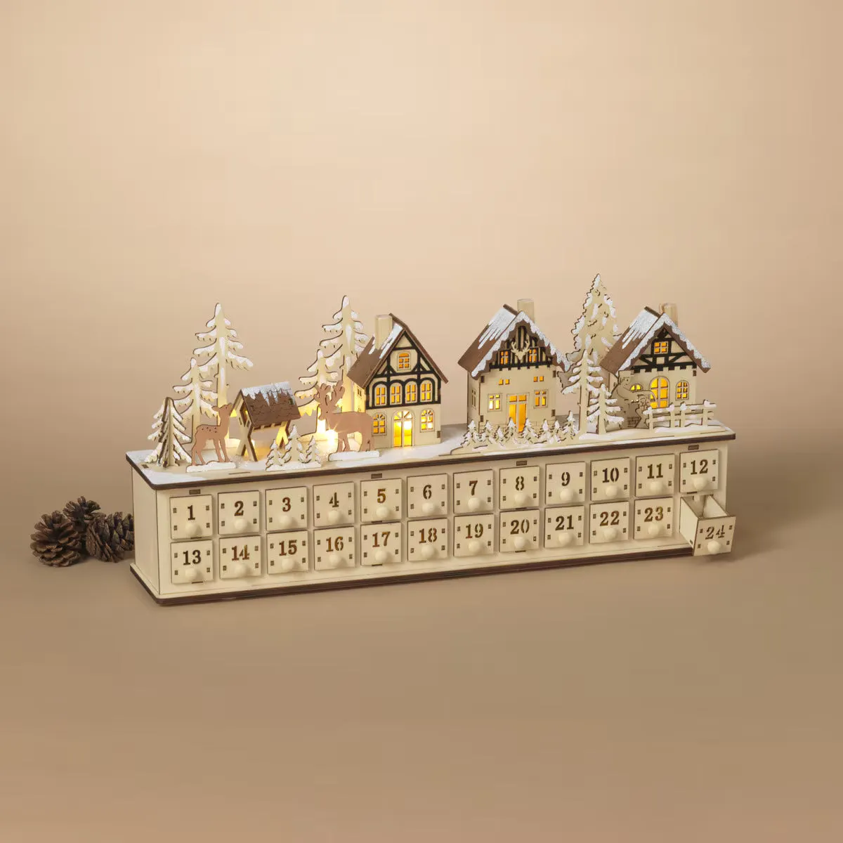 Advent Calendar: Lighted Laser Cut Wood Holiday Village Scene – Sterling Place
