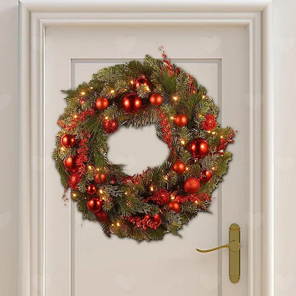Artificial Christmas Wreath with Berry Clusters Frosted Ball Ornaments,  Festive Decor for Front Door, Window Holiday Displays
