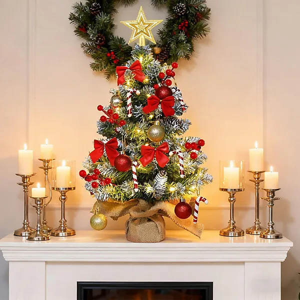 Artificial Tabletop Christmas Tree Small Xmas Tree with Red Bow Berries Pinecones Star Tree Topper Ball