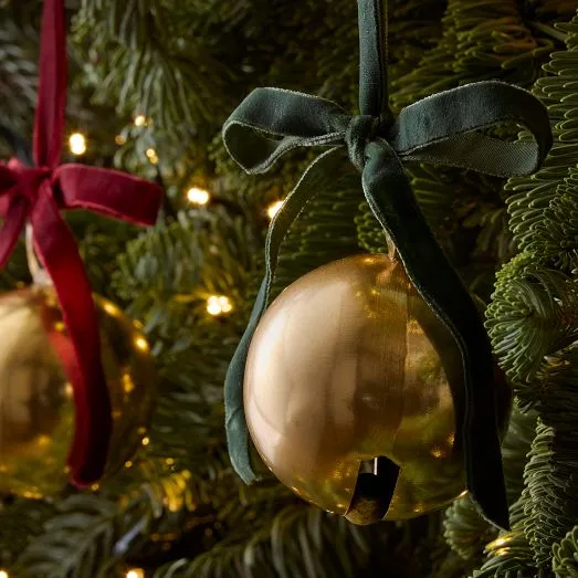 Ball Ornaments Belle Metal Seasonal Ornaments Velvet Ribbon Metal Bell Ornaments West Elm
