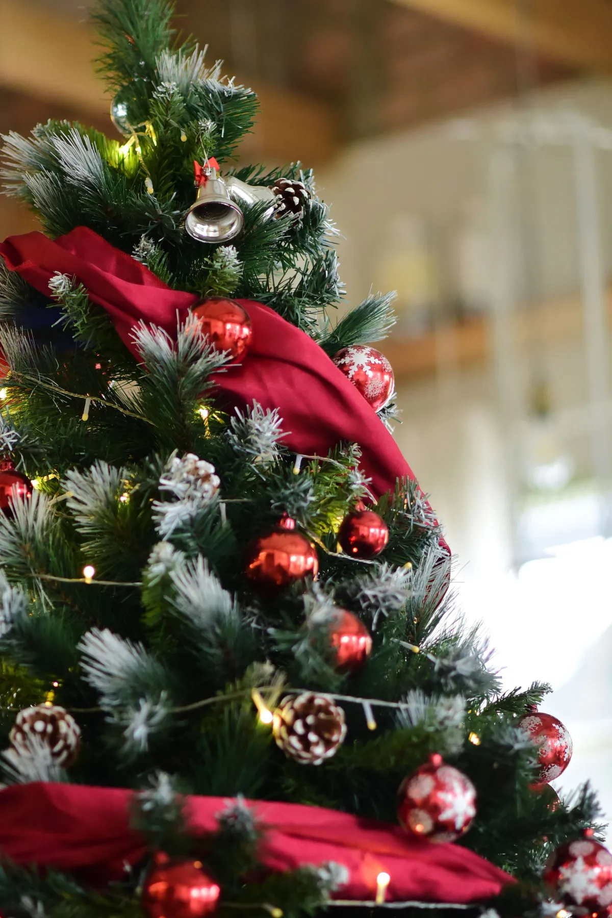 Beautifully decorated Christmas tree with red ornaments indoors, capturing holiday spirit.