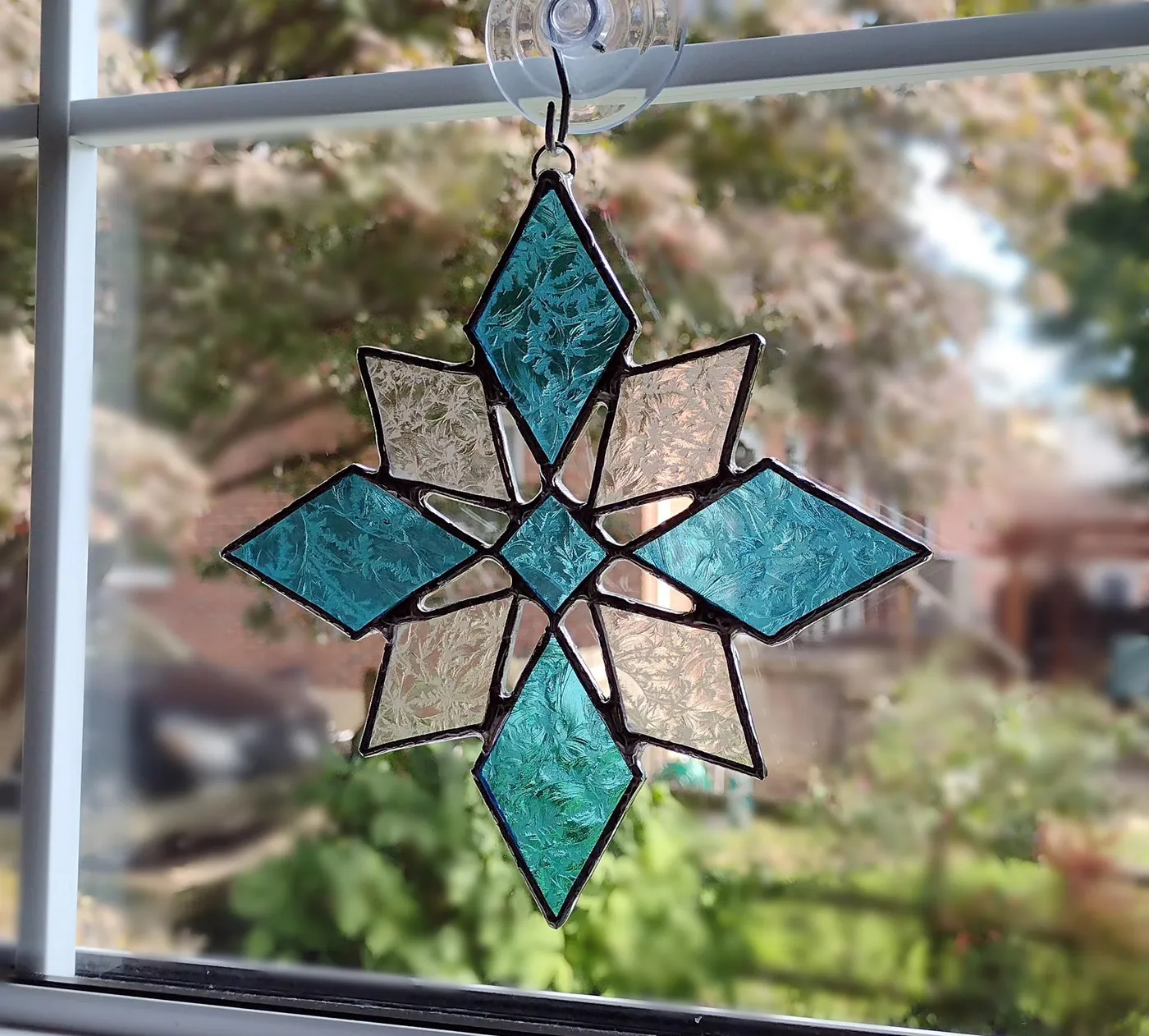Blue Snowflake Stained Glass Suncatcher, Lacy Glue Chip Glass | Stained Glass Your Way