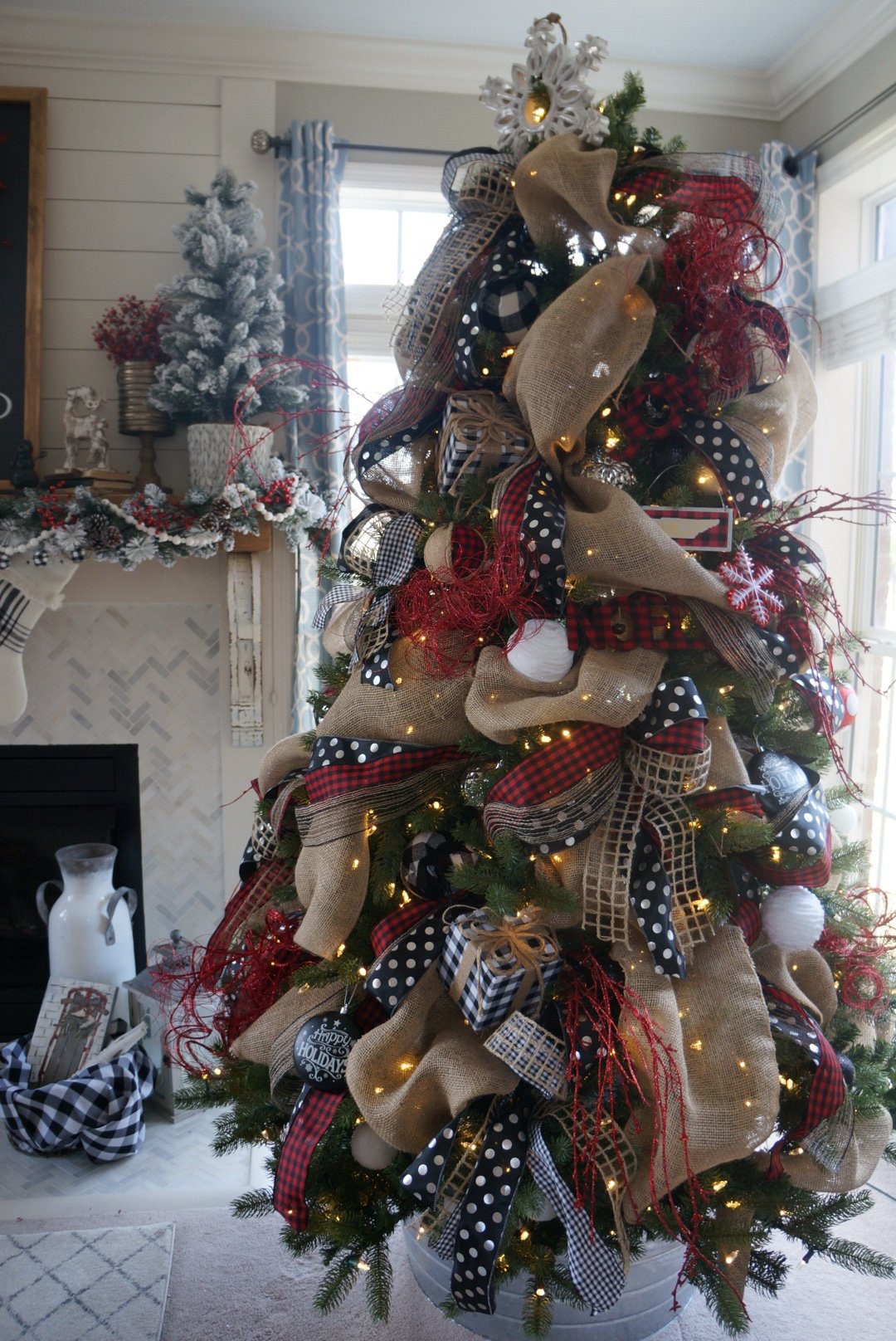 Buffalo check christmas decor living room tree with red black and white - Wilshire Collections