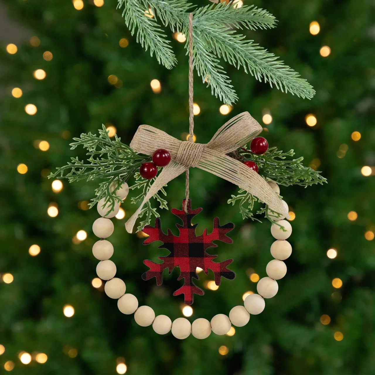 Buffalo Plaid Snowflake Wooden Beads Christmas Wreath Ornament - 7' |  Christmas