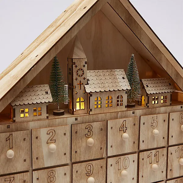 Celebright Pre-Lit Wooden Village Scene Advent Calendar with LED Atmosphere Lights - 24 Storage Drawers