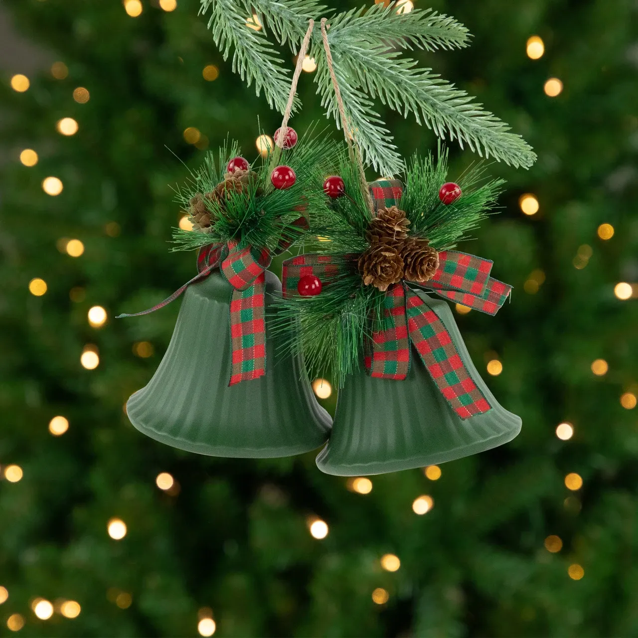 Christmas Bells with Pinecones & Plaid Bow Ornaments - 7' - Green - Set of  2 | Christmas
