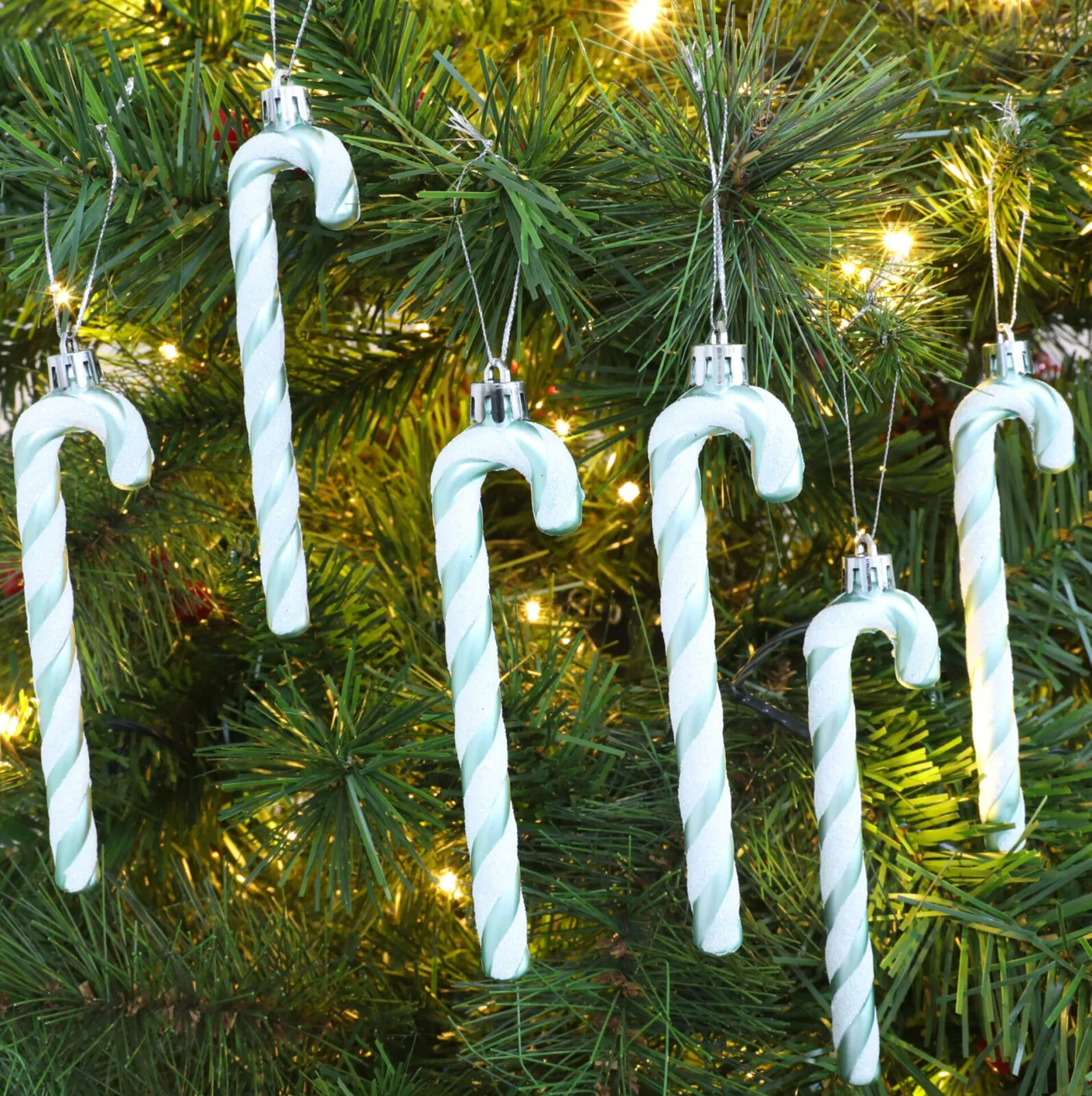 Christmas Concepts® Pack Of 6 - 13cm Glitter Candy Cane Christmas Tree Decorations (Mint Green & White) - Christmas Concepts
