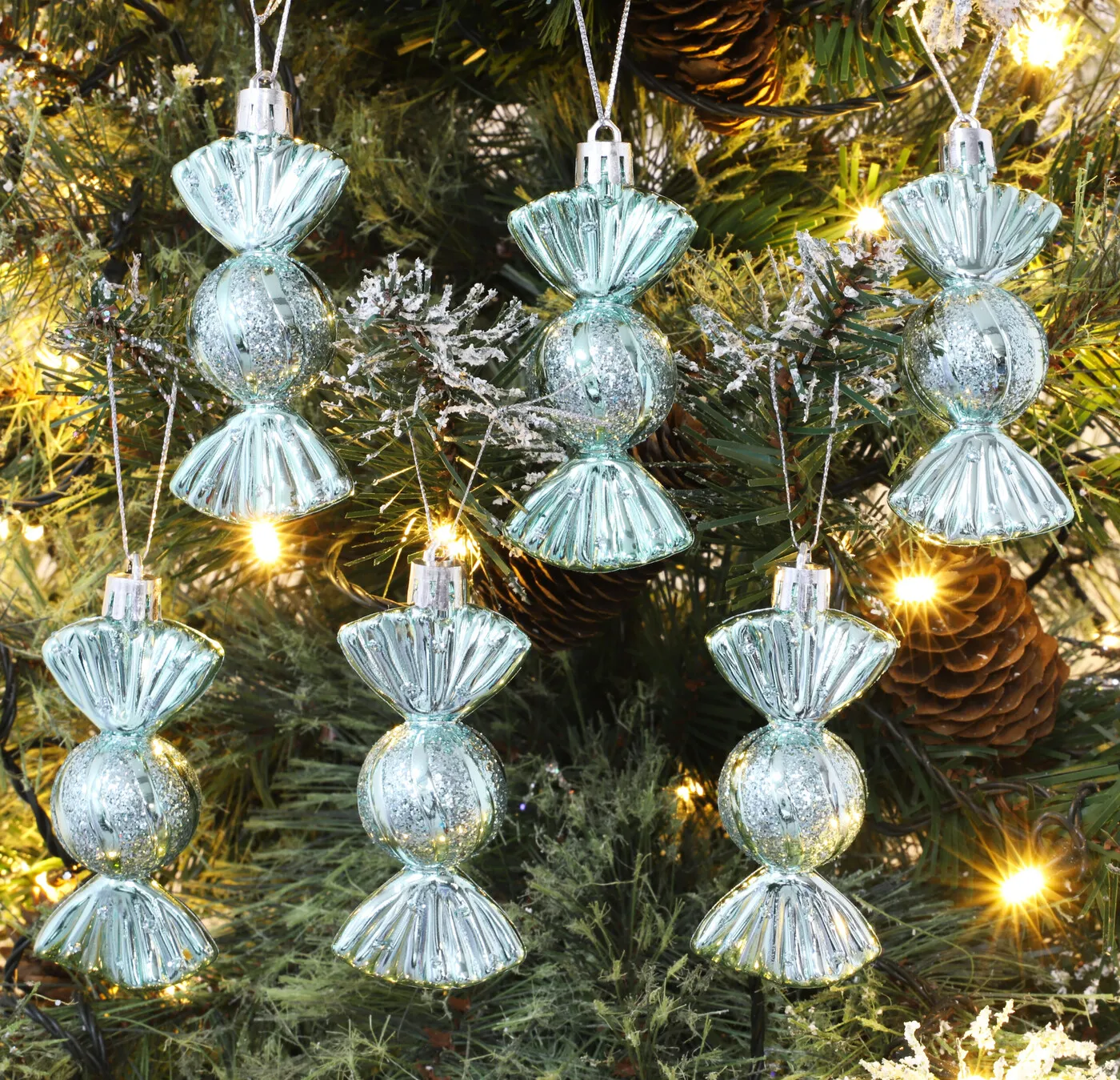 Christmas Concepts® Pack of 6–90mm Sweet Shaped Baubles – Shiny & Glitter Decorated – Christmas Tree Decorations (Mint Green) - Christmas Concepts