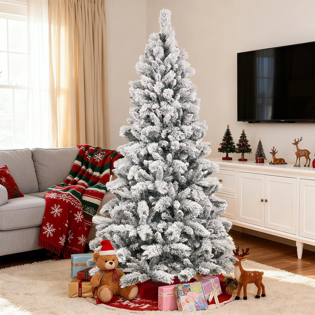 Christmas Decorations Flocked Christmas Tree 4-9 Ft Snow Flocked Artificial  Christmas Tree Frosted Pine Tree Foldable Base