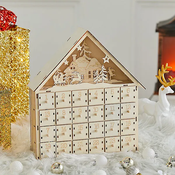 Christmas Desktop Decoration Wooden Christmas Advent Calendar with LED Lights