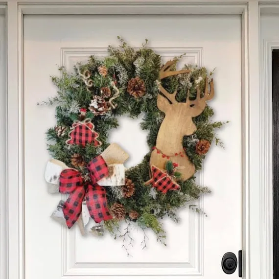 Christmas Door Wreath With Deer Rustic Christmas Deer Wreath With Buffalo Plaid Bow, Pinecones, Winter Greenery, Farmhouse Holiday Door Decor, Cabin Style Wreath