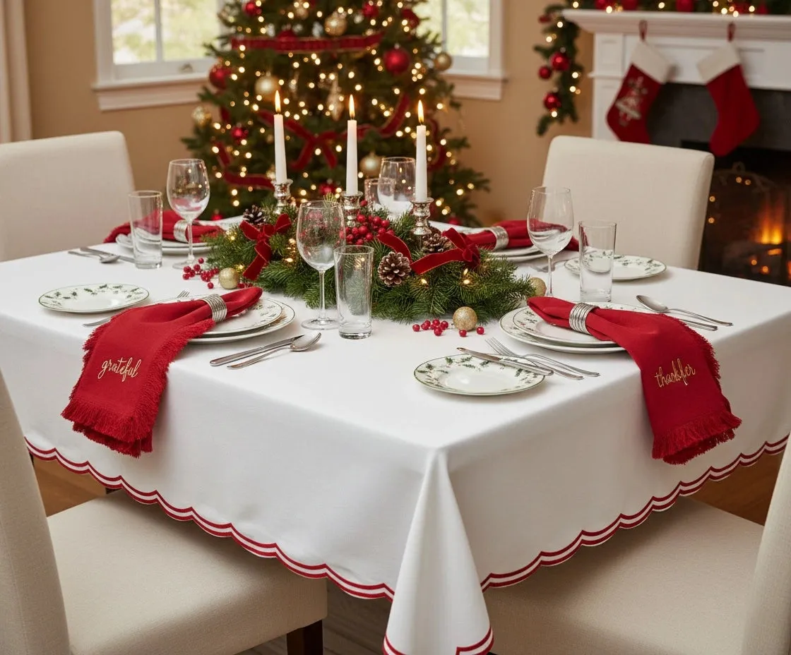 Christmas Embroidery Tablecloths | Red and White tablecloth 70x126'