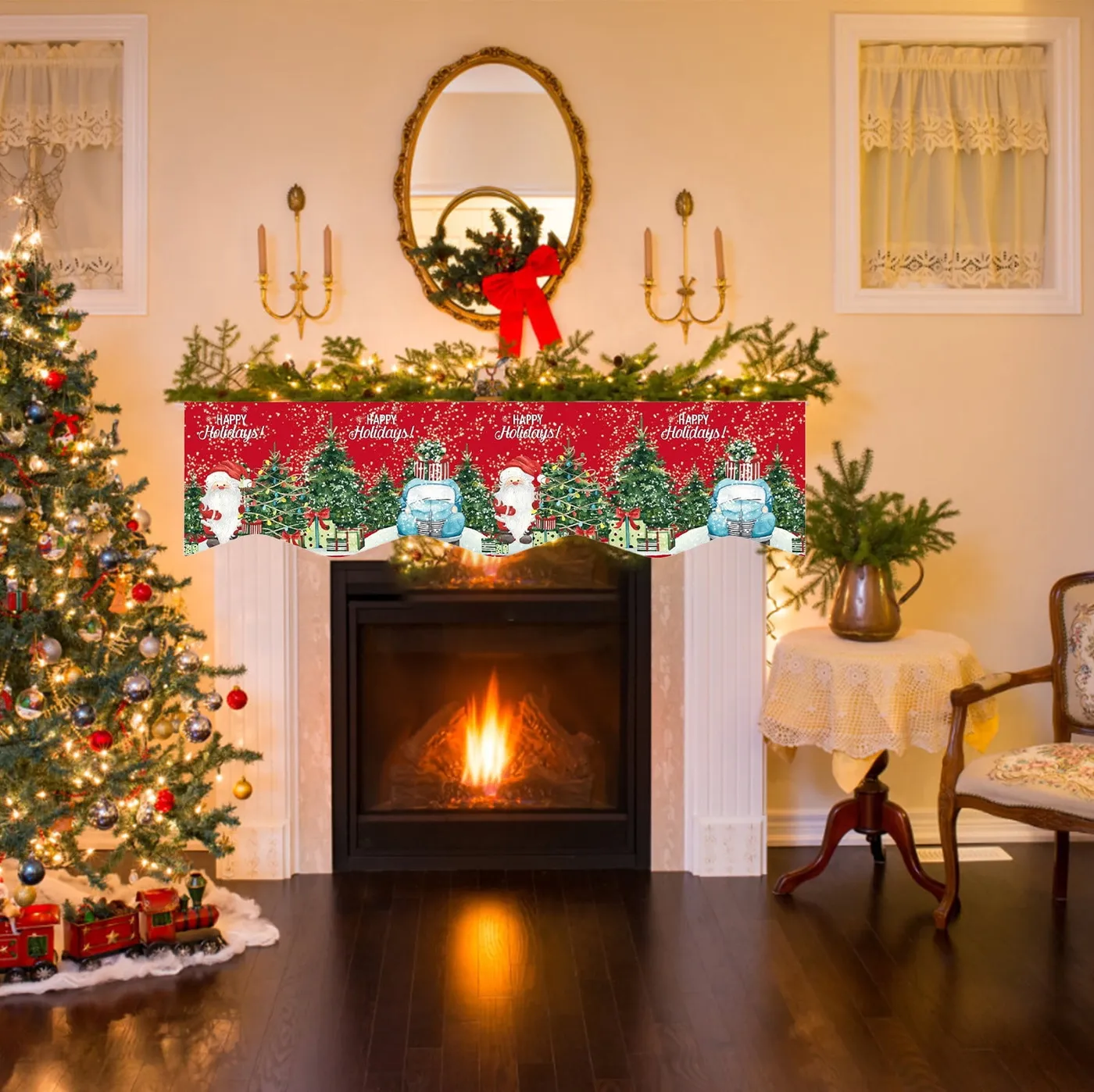 Christmas Fireplace Mantle Banner Background Fabric Holiday Decoration |  Festive Red Green Polyester Cloth with Tree Santa Snowman Pattern | Wavy  Edge Home Fireplace Scarf for Indoor Winter - Walmar