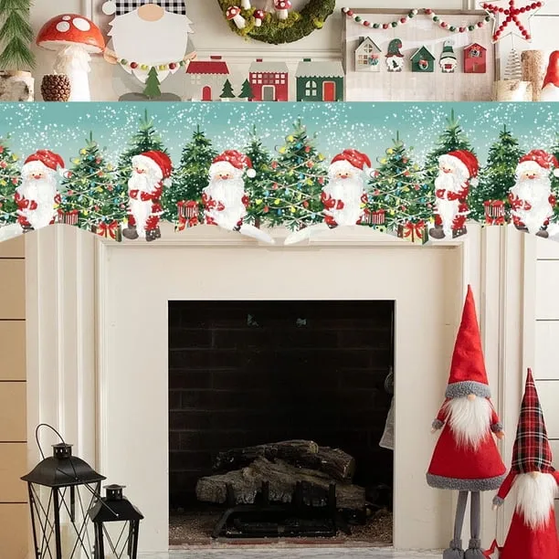 Christmas Fireplace Mantle Banner Background Fabric Holiday Decoration |  Festive Red Green Polyester Cloth with Tree Santa Snowman Pattern | Wavy  Edge Home Fireplace Scarf for Indoor Winter - Walmar