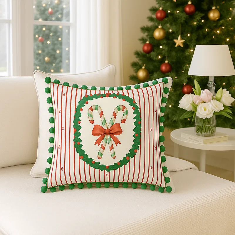 Christmas Holiday Red Green Stripe Pom-Pom Square Cushion Cover 16x16 Inches | Throwpillow