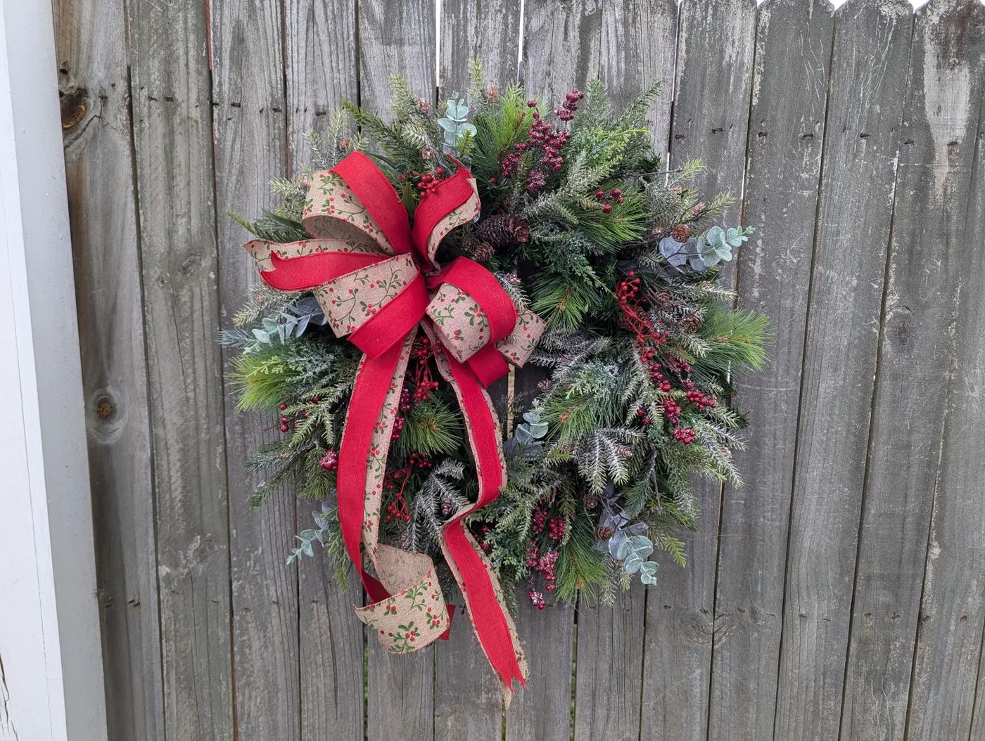Christmas Pine Wreath, Berries, Wired Bow, Winter Decor 420