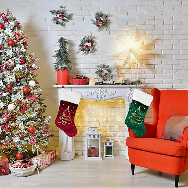 Christmas Stocking Set,Velvet Christmas Stockings,Red Green Velvet Stocking,Embroidered  Patterned Large Xmas Stockings,Hanging