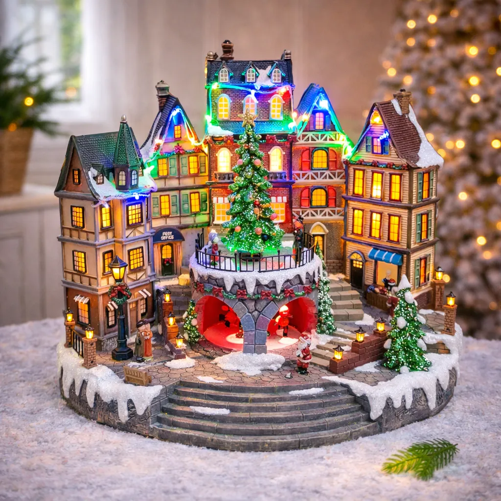 Christmas Town Lighted Christmas Village Houses Cozy Christmas Village Scene Illuminated Houses Snowy Trees Festive Lights