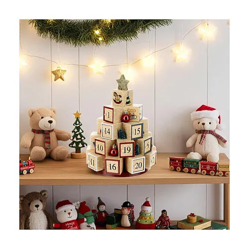 Christmas toy tree with glittery star, wooden Advent calendar, 12 in | online sales on HOLYART.co.uk