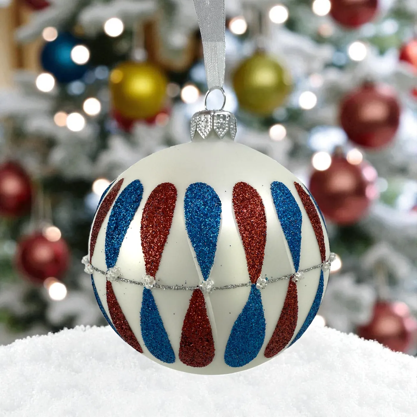 Christmas Tree Blown Glass Ball Ornaments Retro Blown Glass Ornament European Mouth-Blown Ball Holiday Christmas Tree Decoration, Red, Blue And White