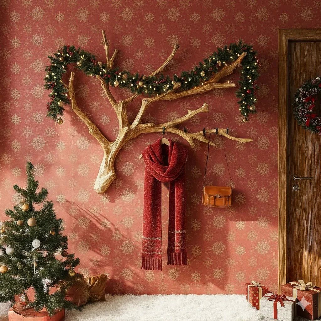 Christmas Tree Branch Coat Rack – Rustic Wall Mounted Driftwood Hanger