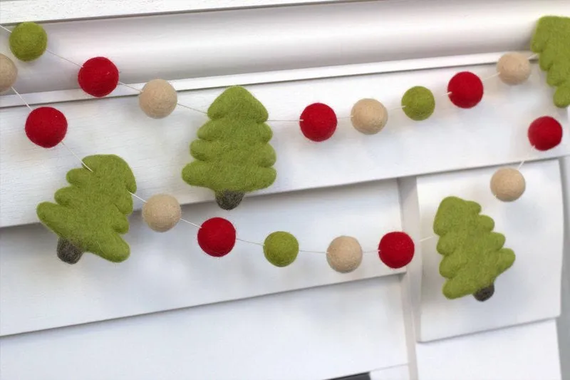 Christmas Tree Felt Garland- Red, Lime Green, Almond- Handmade by Matthew and Mae 6 ft (25 shapes)