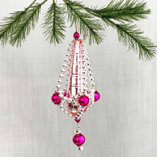 Christmas Tree Ornaments Vintage Pink Glass Ornament Vintage Red Pink Glass  Satin Ball Ornament Xmas Set