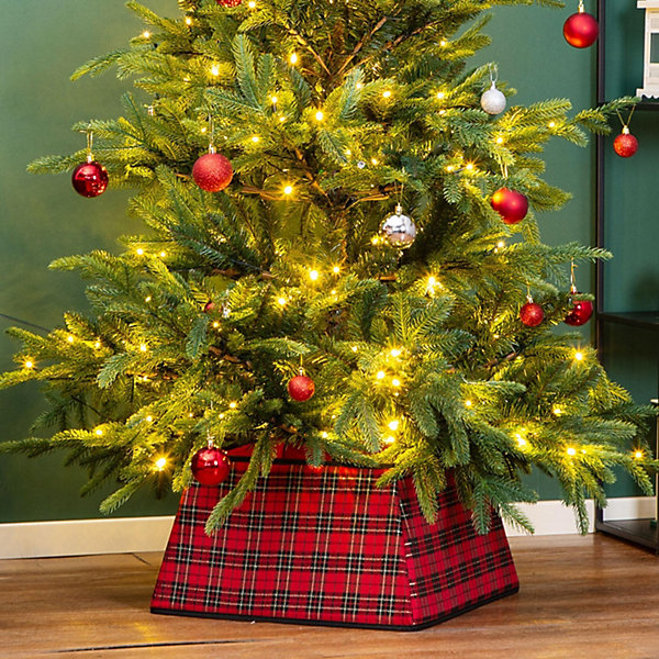 Christmas Tree Skirt Square Stand Base Red & Black Plaid Folding Collar Basket Durable Holiday Tree