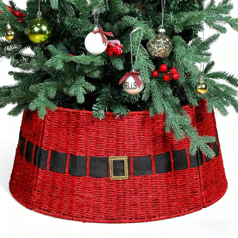 Christmas Tree Trunk Cover Artificial Advanced Excuse Rattan Christmas Tree Collar, Inch Red Wicker Tree Skirt With Belt Design Farmhouse Rustic Base Cover For 7FT Artificial Xmas Tree, Santa Themed