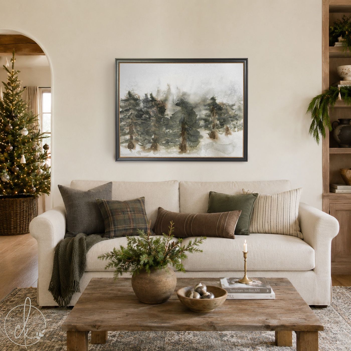 Christmas Wall Art – Framed Winter Watercolor Landscape Elmsworth / 6x8