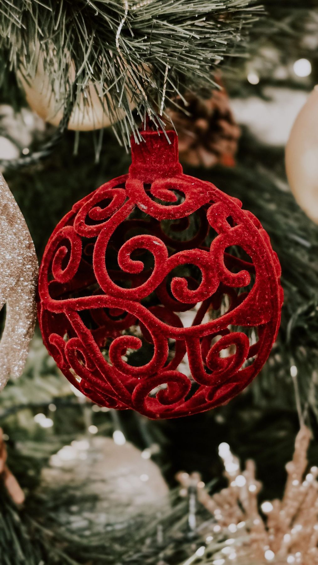 Close-up of a red velvet Christmas ornament hanging on a decorated tree branch.