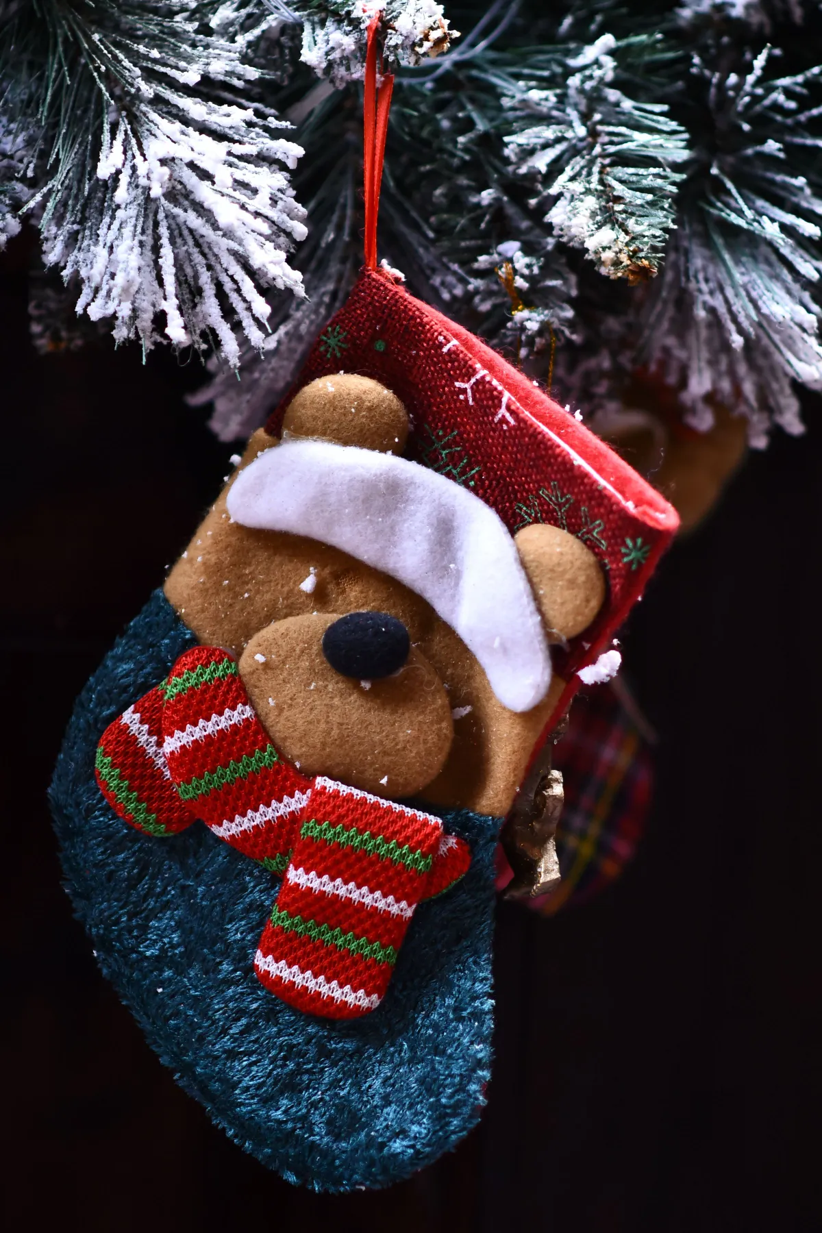 Colorful Christmas stocking with bear ornament hanging on snow-dusted tree.