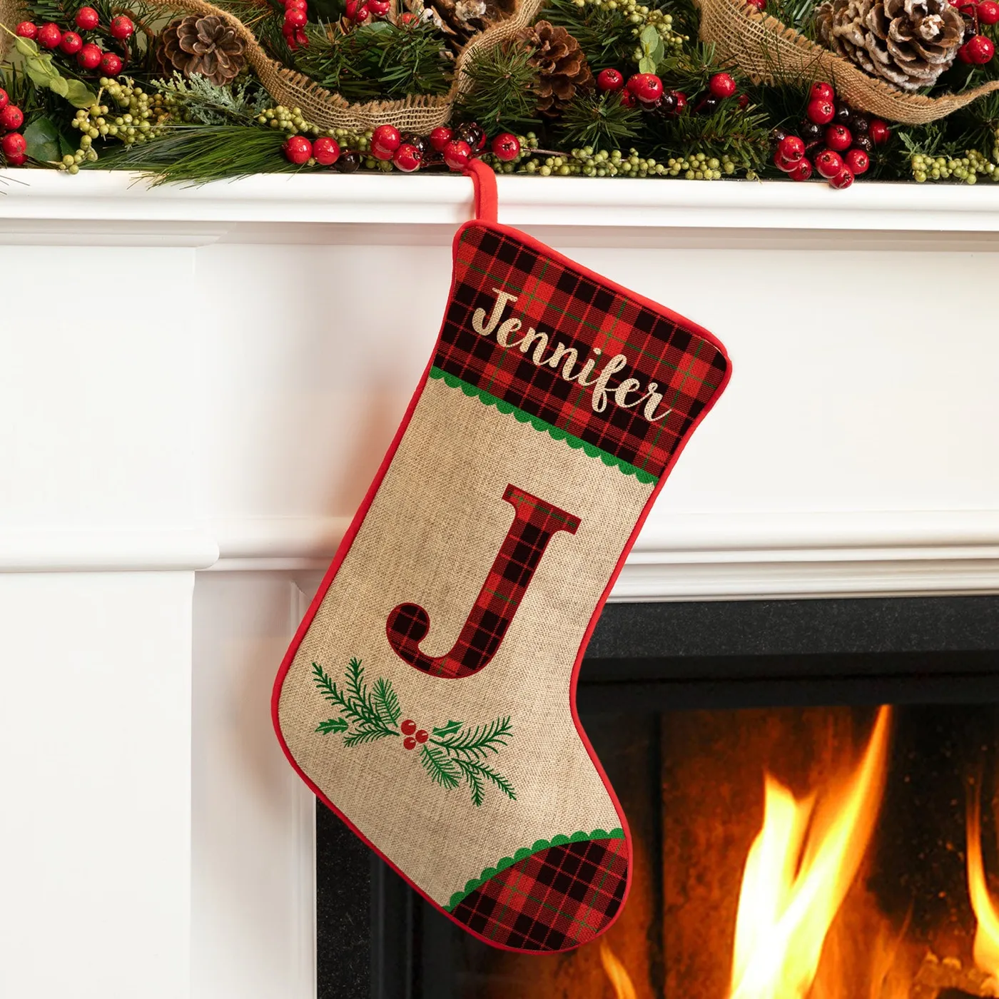 CPS Christmas Plaid Personalized Burlap Stocking