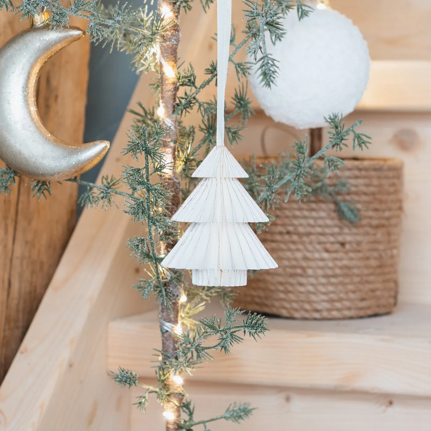 Cream paper Christmas tree hanging ornament with glitter edge | It'...