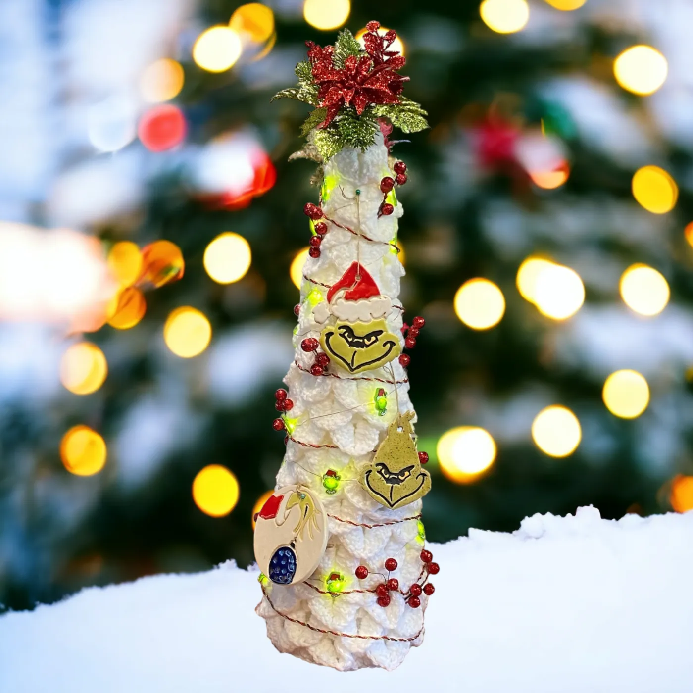 Crochet Grinch Christmas Tree 18 inch w/ 4 Grinch pottery ornaments — Fountains by the Sea and Fiber Arts