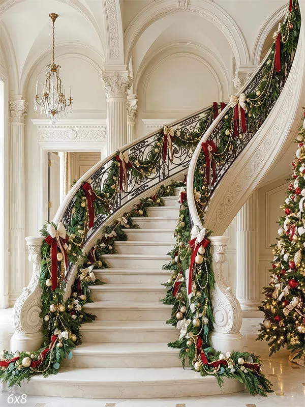 Crystal Noel - Palatial White Foyer with Curved Staircase, Chandelier, and  Christmas Tree Photo Backdrop