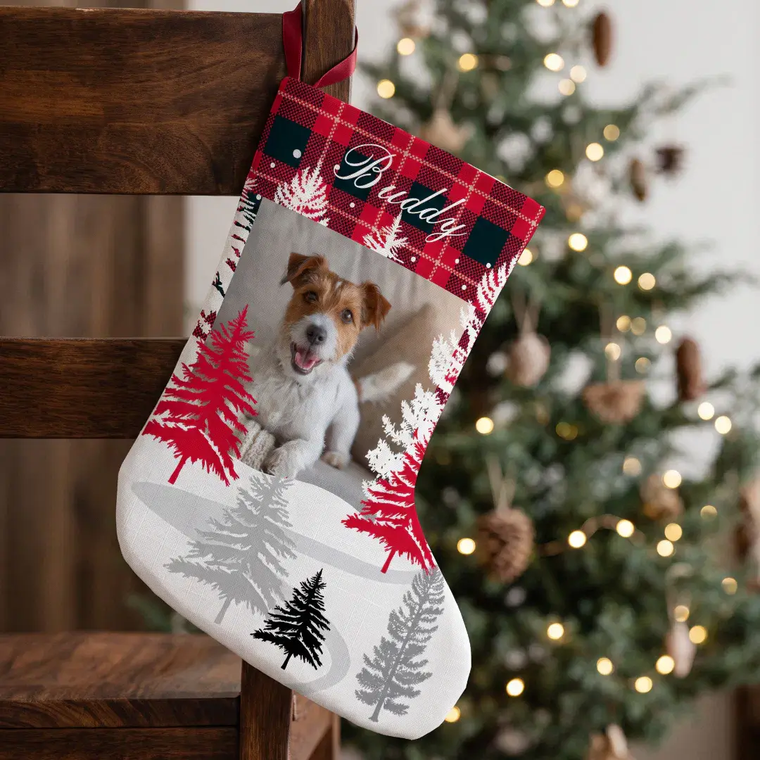 Custom Pet Photo Personalized Dog Name Red Plaid Christmas Stocking -  Moodthology Papery