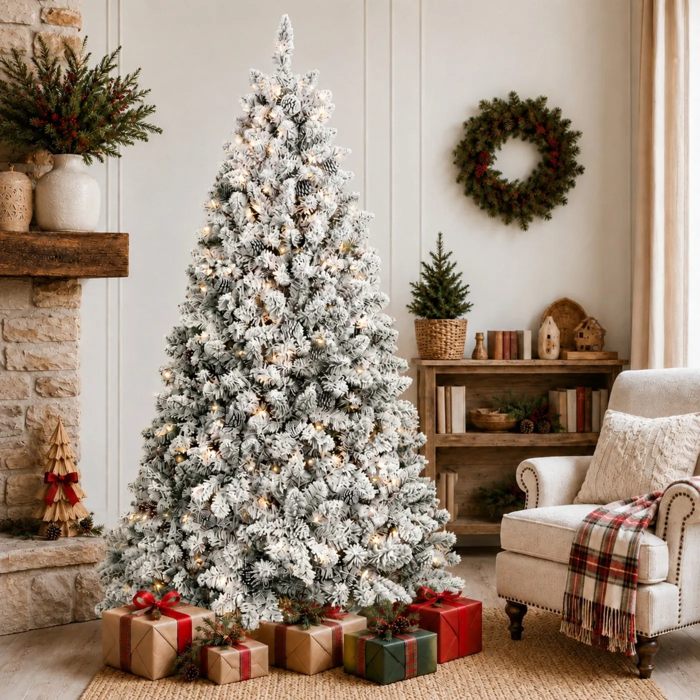DEALTOPS 9 FT Snow-Flocked Pre-Lit Artificial Christmas Tree, 2240 Tips &  850 UL Lights,