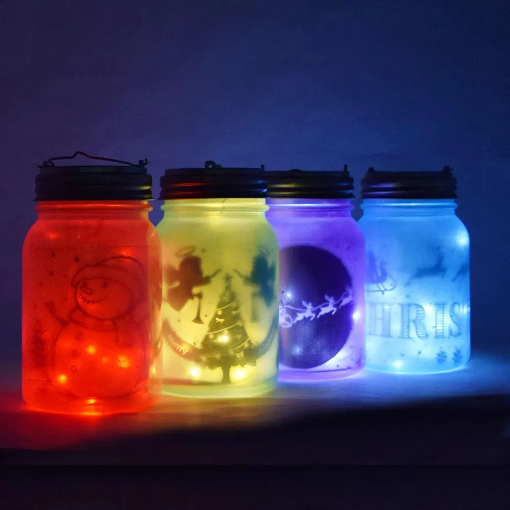 Decorative Christmas Holiday Frosted Mason Jar Luminaries Lantern Set  (Battery Operated, 4 PACK) - COMPLETE KIT