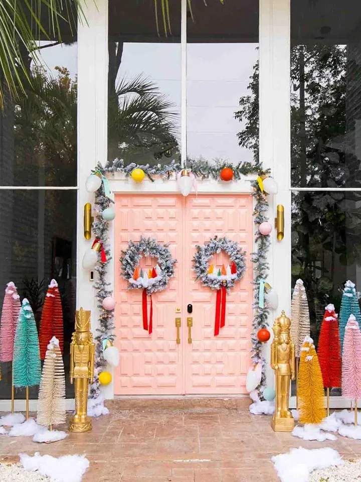Dress Up Your Front Door with Evergreen Garlands or Rainbow Trees This Holiday