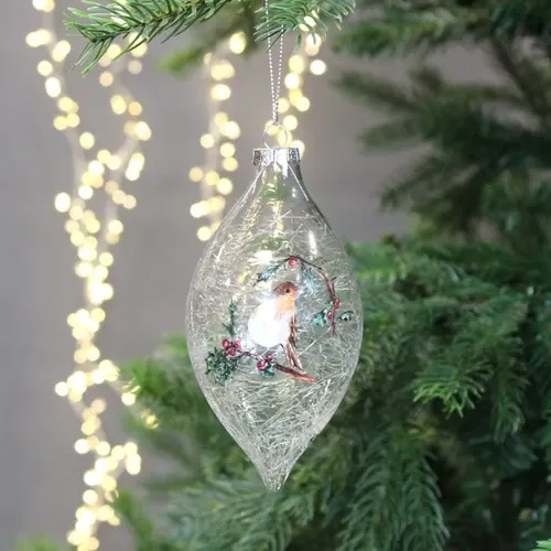 Drop Clear Glass Christmas Tree Ornaments Festive Robin Holly Clear Glass  Drop Tree Bauble 13cm Charlies