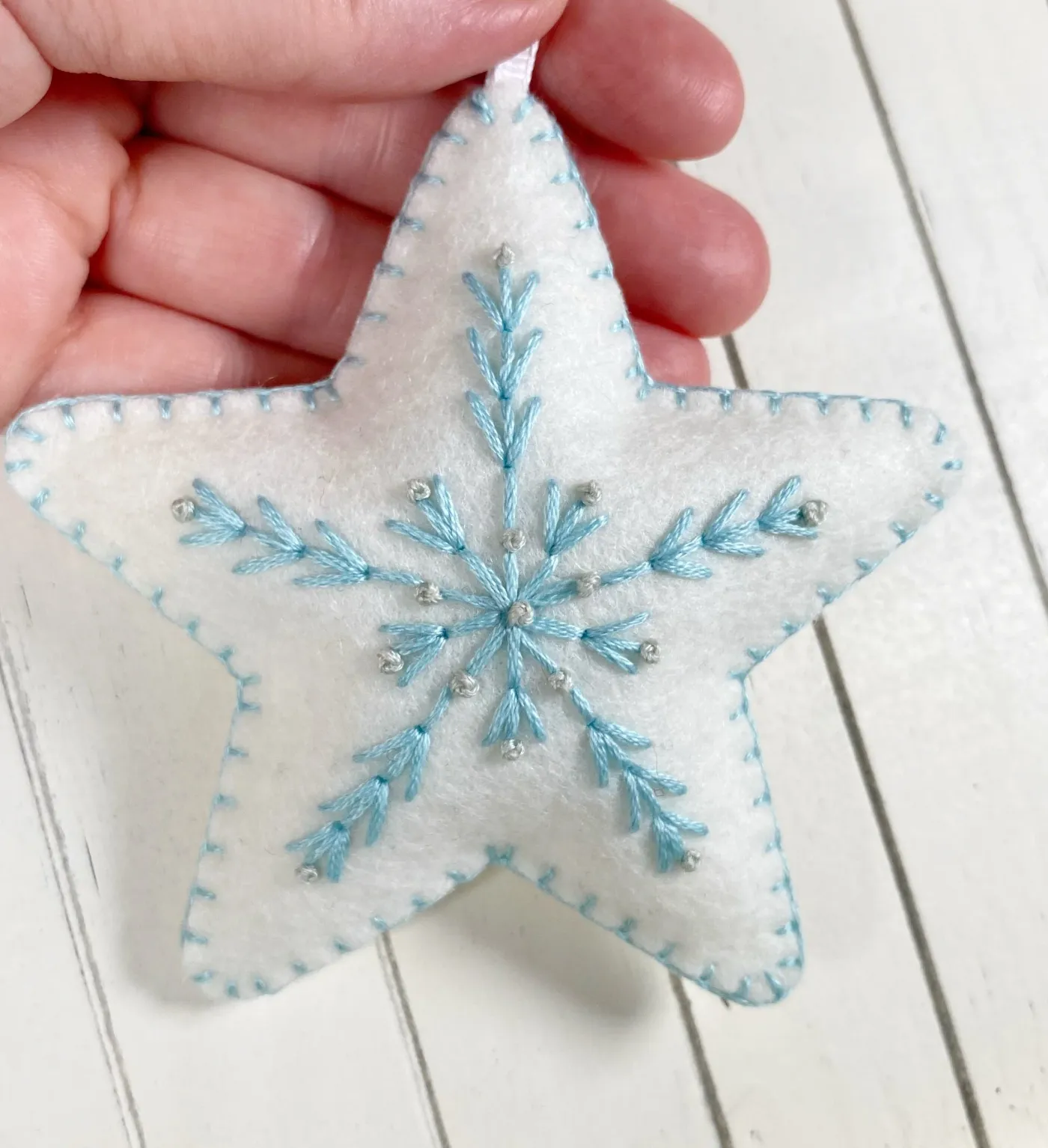 Embroidered felt snowflake ornament winter blues — The Ornament Boutique