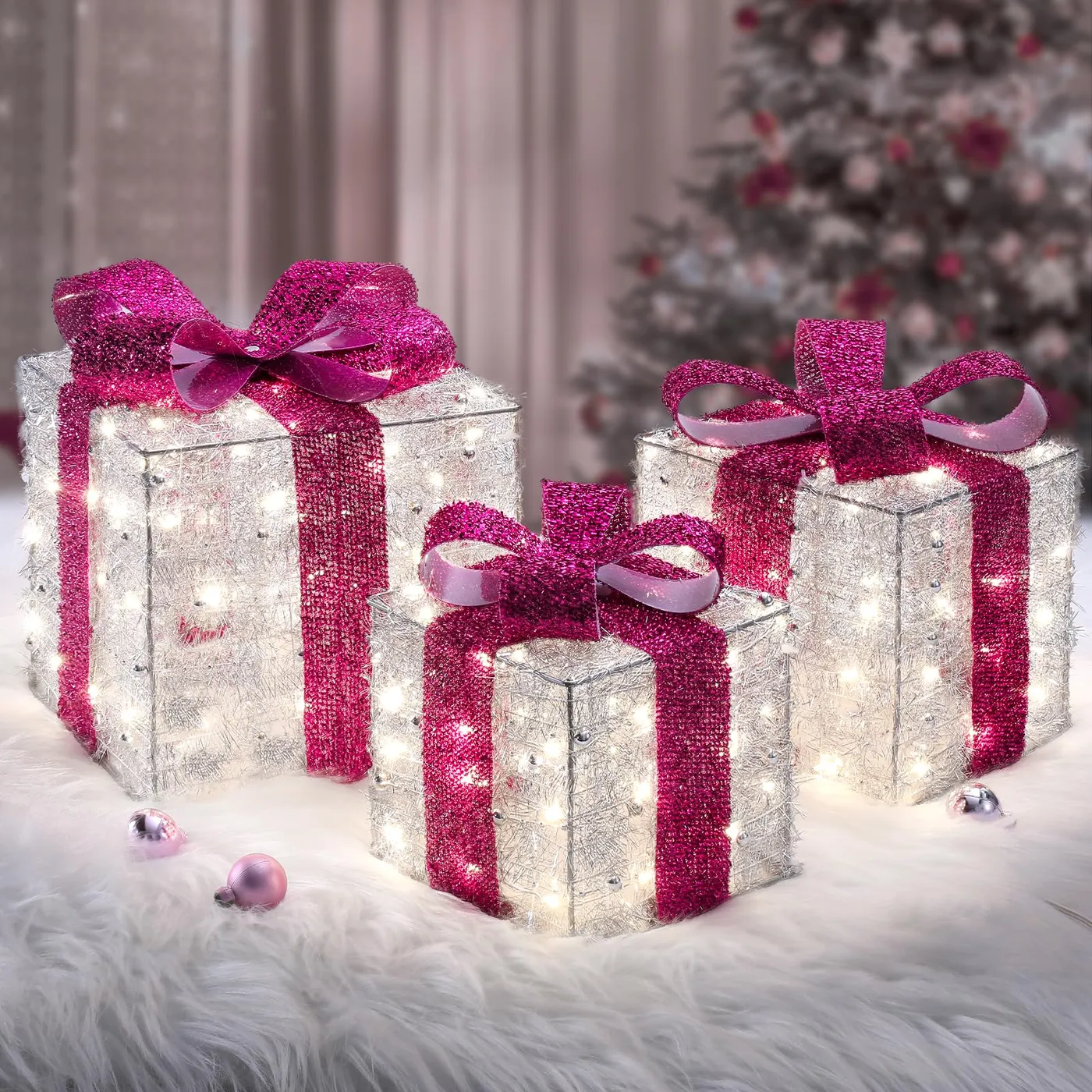 【Fall Sale】Quntis Christmas Decorations, Set of 3 Valentine's Day Gift Boxes with 140 LED Lights, 8 Flash Modes Lighted Present Boxes, Hot Pink Bow