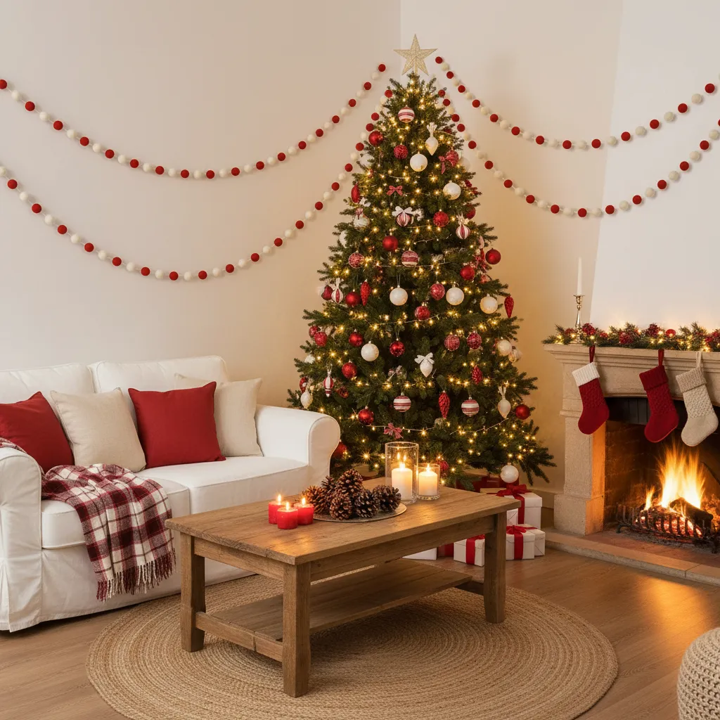 Felt Ball Garland Red White Christmas - 100cm