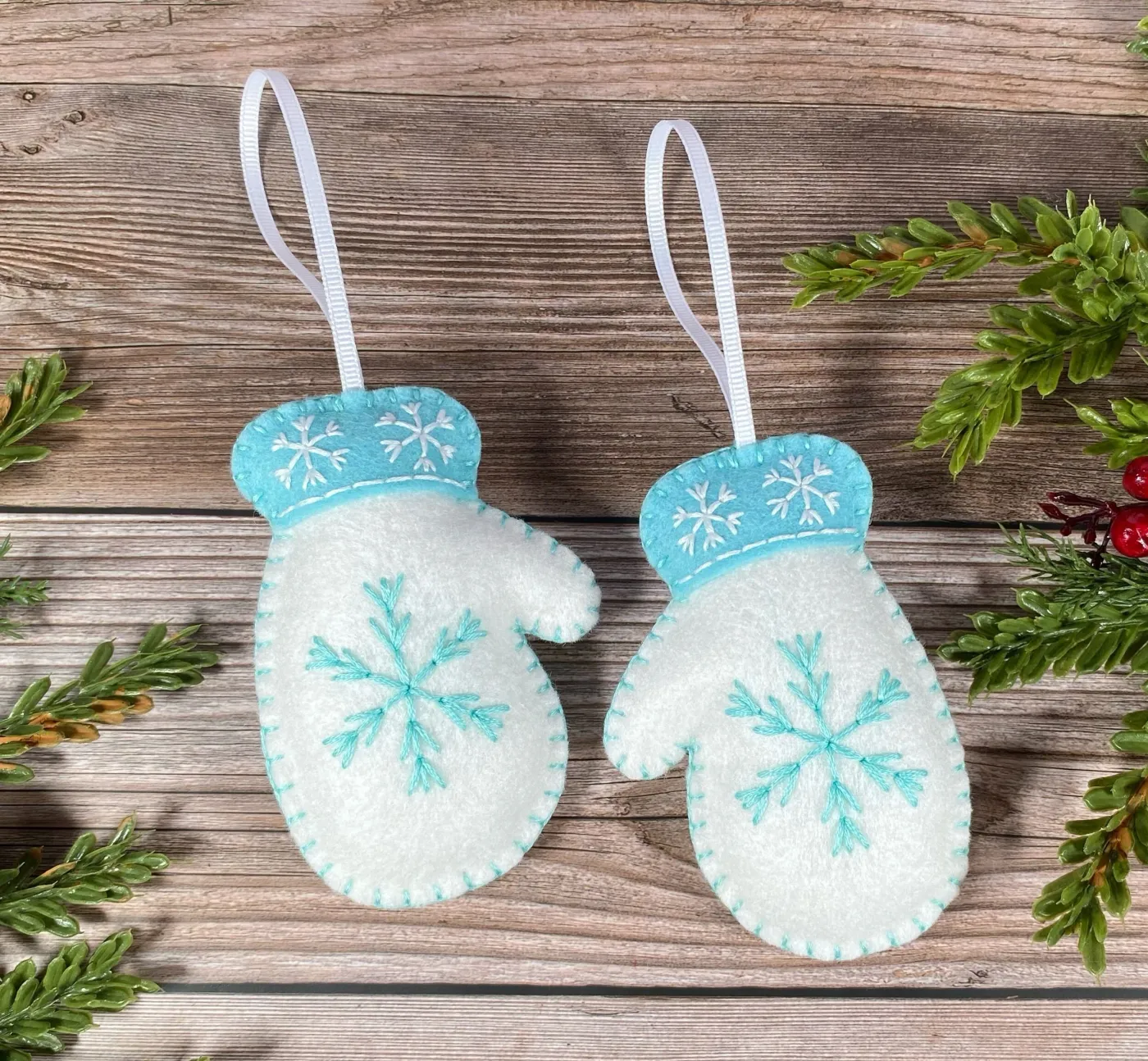 Felt mitten ornaments in blue and white — The Ornament Boutique